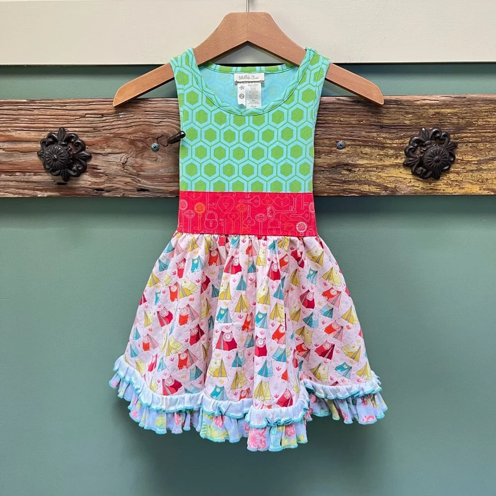 Matilda Jane Girls Size 2 Mixed Print Camping Tent Ruffle Dress Green Pink D1556